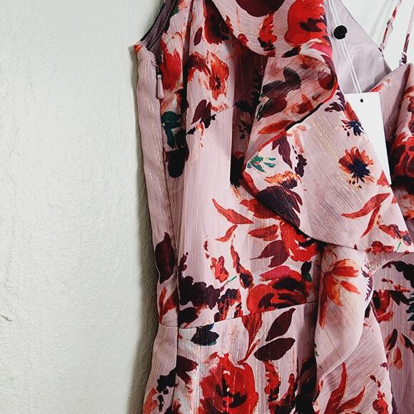 Lovers + Friends Stacey Ruffle Midi Dress Pink Red Floral Asymmetric Small NWT - Picture 12 of 15